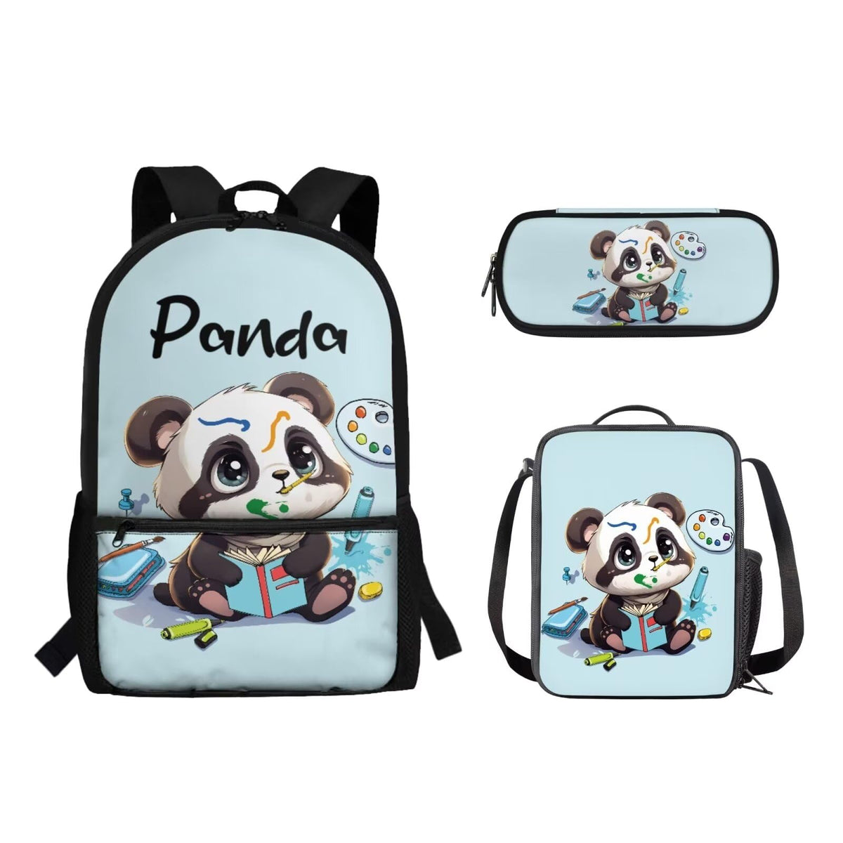 Pzuqiu Cute Panda School Backpack 3PCS Set for Teens Kids Large Capacity Backpack with Matching Lunch Bag & Pencil Case Student Back to School Backpacks