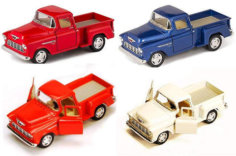 Kinsmart Set of 4 Trucks:1955 Chevy Stepside Pickup Truck with Pull Back 5" Long (Orange, Blue, Red and Cream)