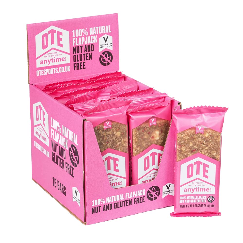 OTE Anytime Bars - Energy Bars for Cycling - High Calorie & Carb Nutrition Snacks for Running - Gluten Free Flapjacks - Box of 16 x 62g Raspberry