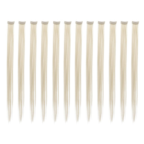 SWACC 12 Pcs Straight One Color Party Highlights Clip on in Hair Extensions Colored Hair Streak Synthetic Hairpieces (Platinum Blonde)