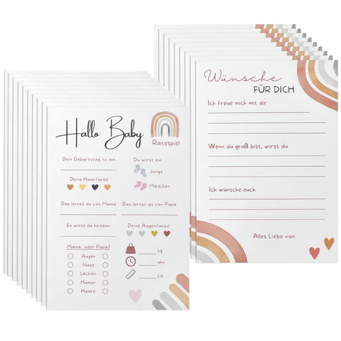 DEARBAG 20 x Baby Shower Games Cards to Fill in, Baby Shower Guessing Game Tiping Cards Boys and Girls - Great Game for the Gender Reveal Celebration and Baby Shower, Printed on Both Sides - German