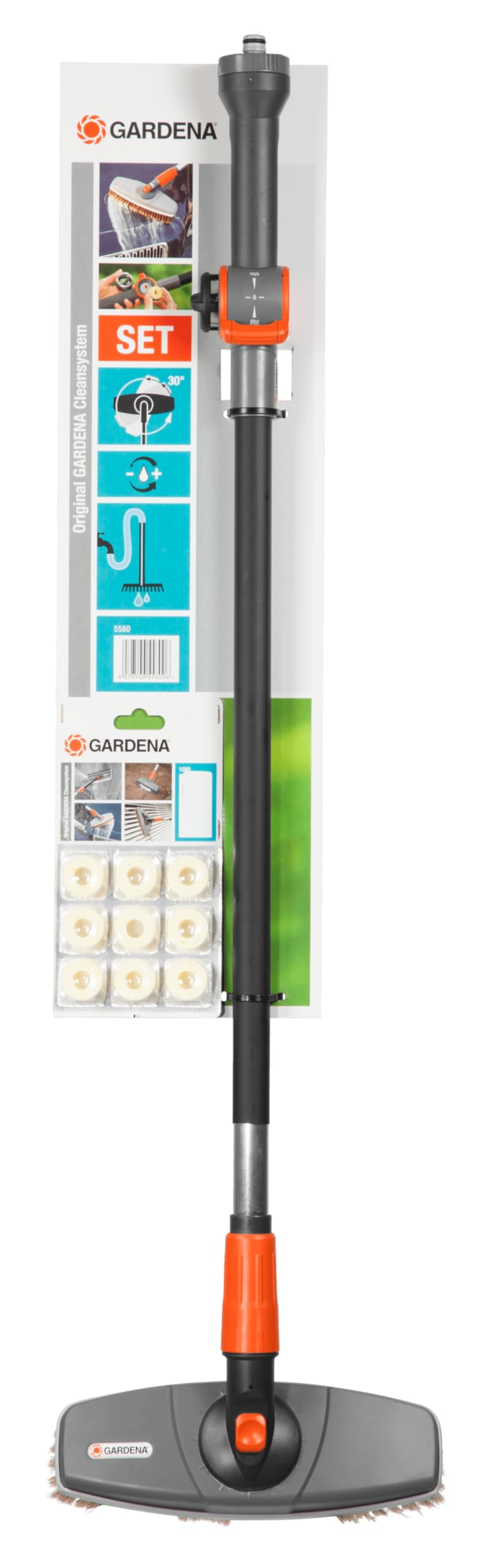 GARDENA Car Wash Set: Practical cleaning set for washing cars containing a Cleansystem washing brush, Running Water Handle 90, and shampoo (5580-20)