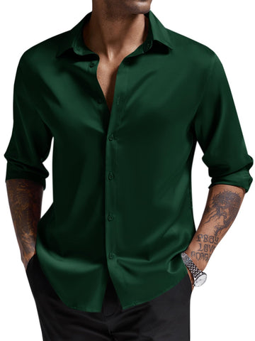 Runcati Mens Satin Silk Dress Shirt Long Sleeve Button Down Luxury Business Party Prom Shirts Dark Green