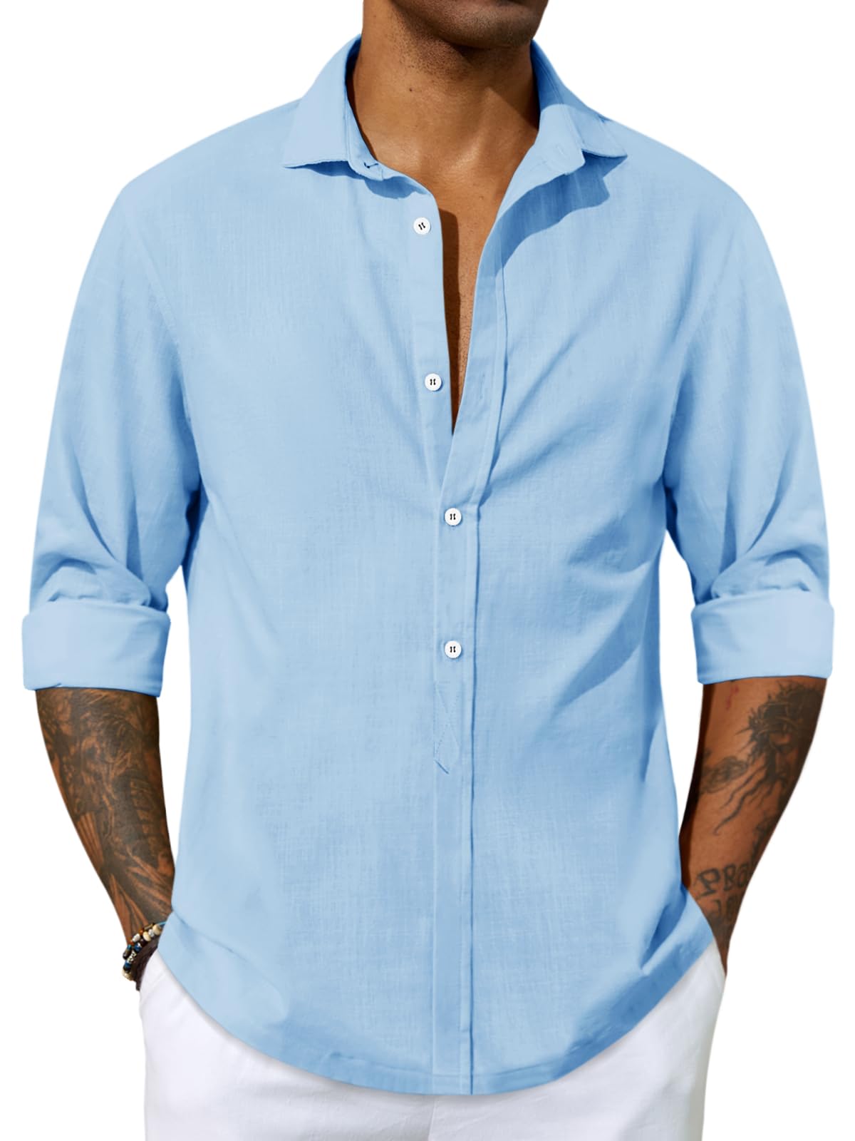 Mens Linen Beach Shirts Long Sleeve Casual Cotton Summer Button Up Lightweight Tops (X-Large, 2 Blue Sky)