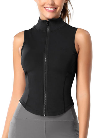 Women's Golf Shirts Sleeveless Zip Up Athletic Tank Tops Quick Dry Lightweight Full Zip Cropped Workout Running Vest Breathable Nylon Slimming Dry Fit Sportswear Black