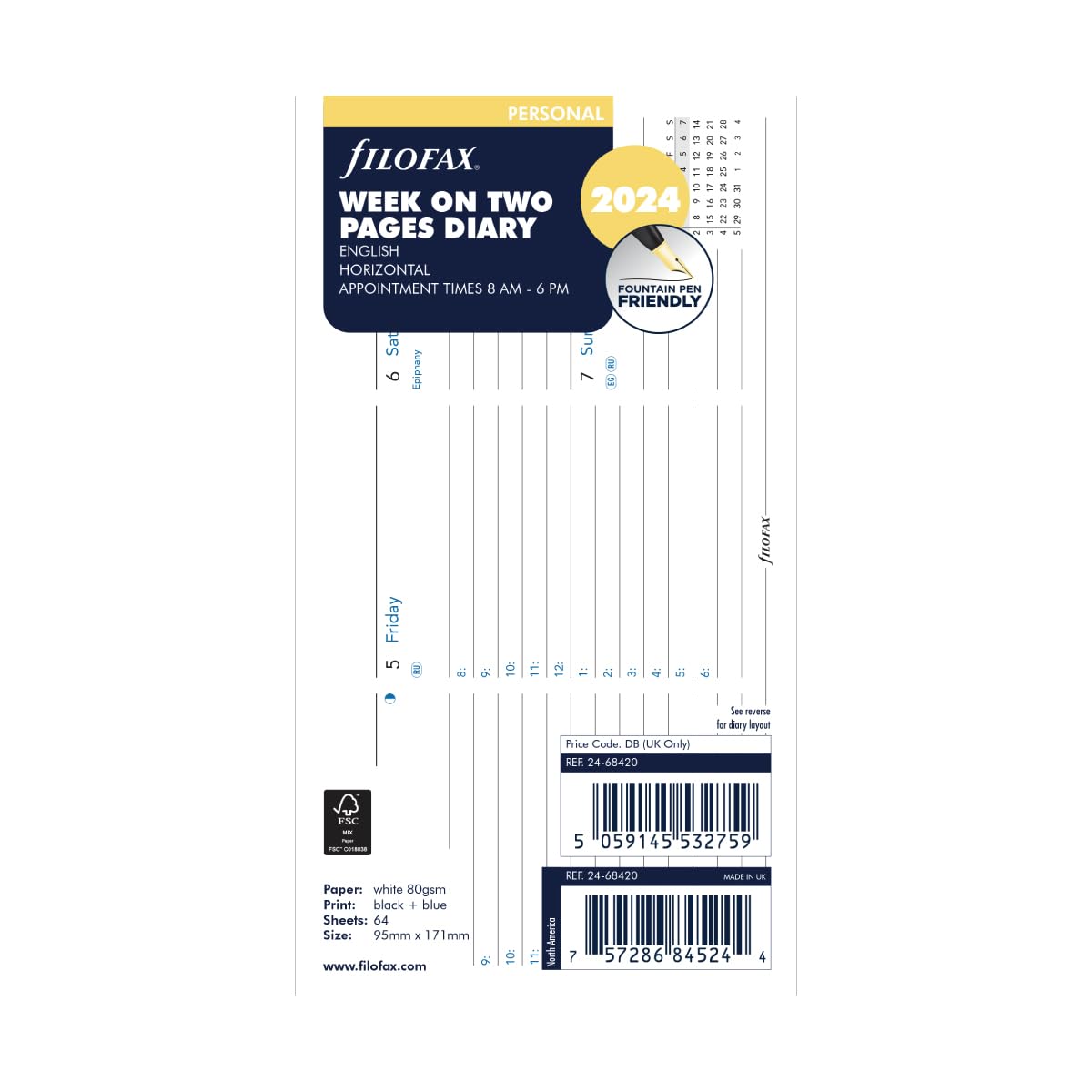 Filofax Personal horizontal week on two pages with appointments 2024 diary