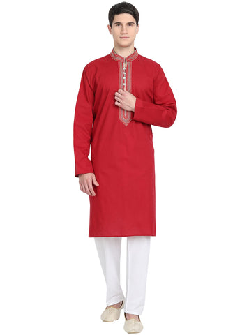 SKAVIJ Men's Pure Cotton Embroidered Kurta Pajama Set Thread Work Festive Party Dress (KP075red_Red_L)