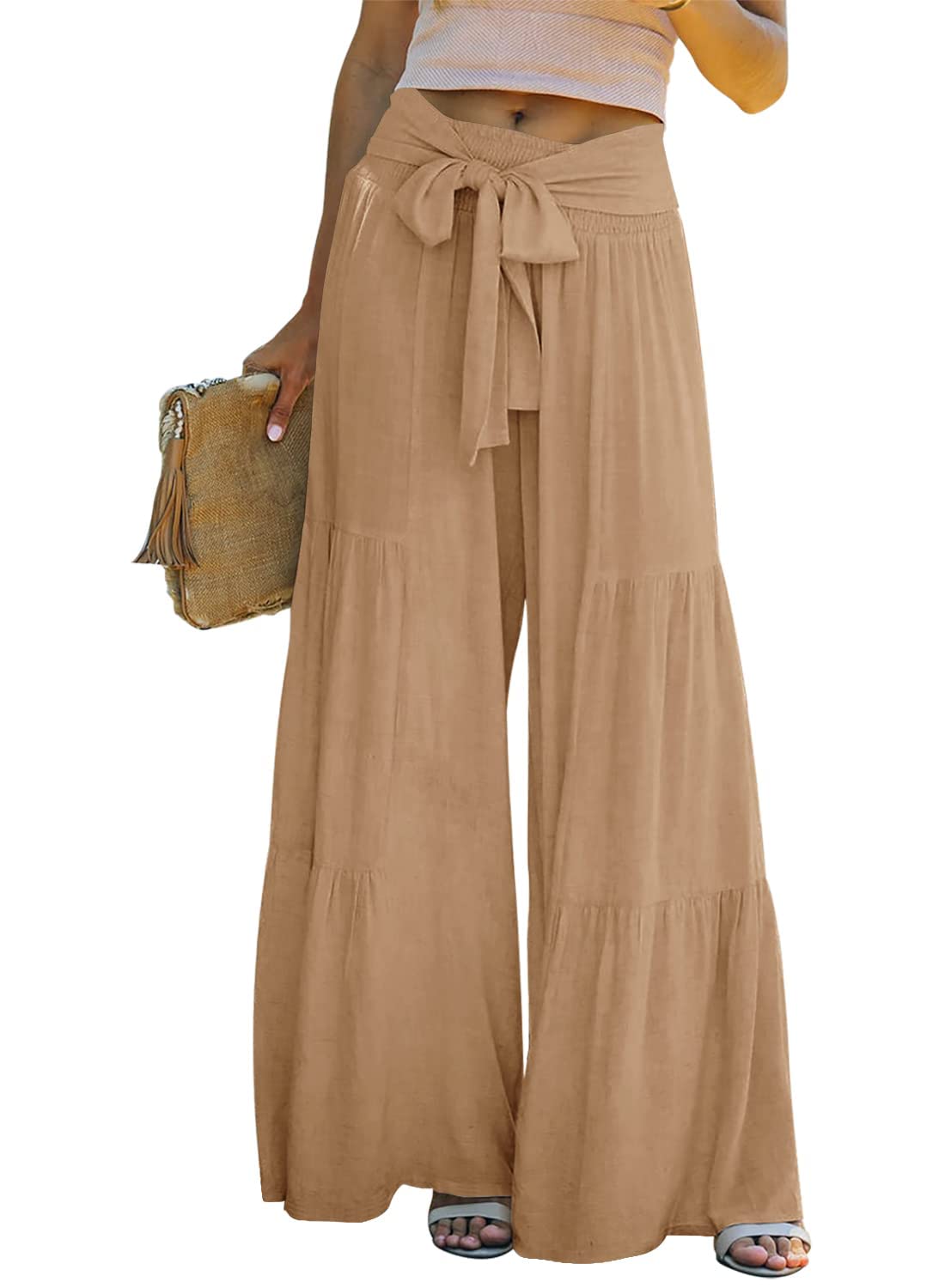 Lafural Women Summer High Waisted Cotton Linen Flare Palazzo Pants Beach Pant Long Bell Bottom Lounge Trousers, Khaki, XL