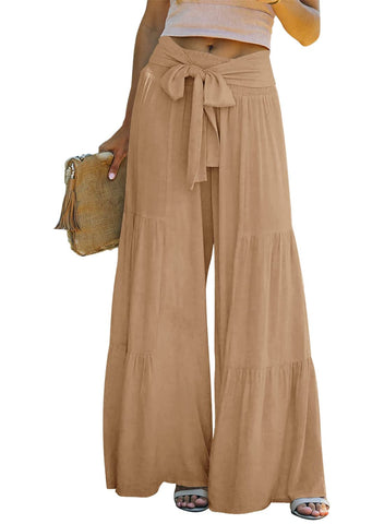 Lafural Women Summer High Waisted Cotton Linen Flare Palazzo Pants Beach Pant Long Bell Bottom Lounge Trousers, Khaki, XL