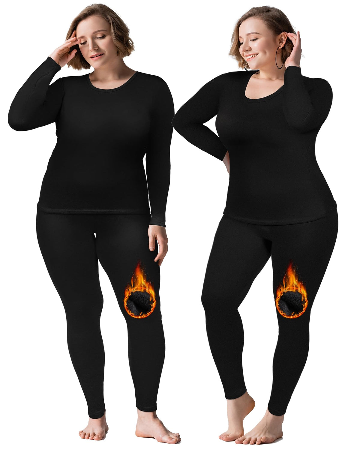 Patelai 2 Sets Plus Size Long Thermal Underwear for Women Fleece Lined Base Layer Pajama Top and Bottom Cold Weather(Black, 24 Plus)
