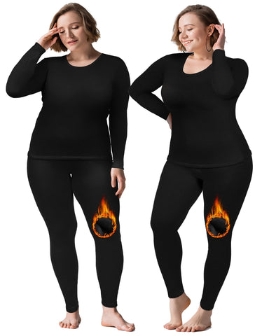 Patelai 2 Sets Plus Size Long Thermal Underwear for Women Fleece Lined Base Layer Pajama Top and Bottom Cold Weather(Black, 24 Plus)