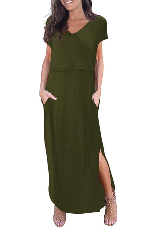 Smallshow Women's Maternity Nursing Dress Split Long Breastfeeding Clothes Army Green L