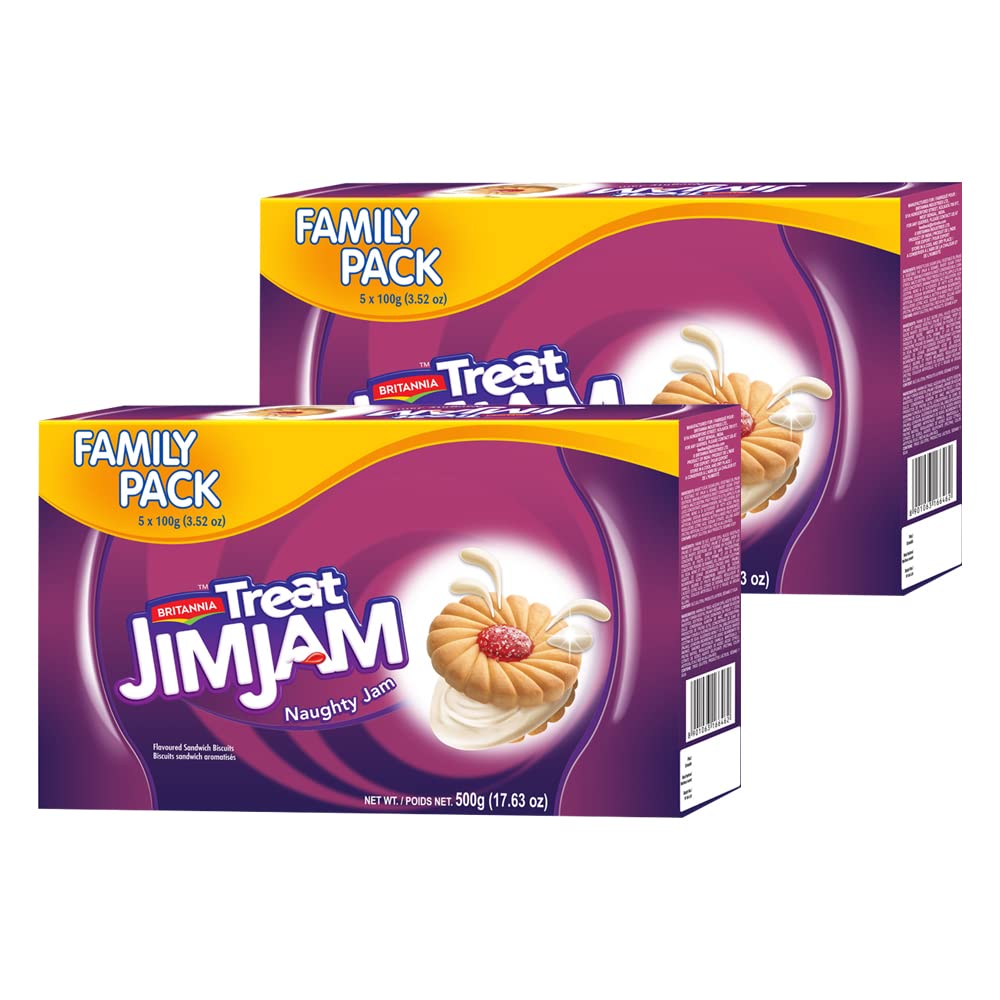 Britannia Treat Naughty Jim Jam Sandwich Biscuits 17.62oz (500g) - Breakfast & Tea Time Snacks - Delicious Grocery Cookies (Pack of 2)