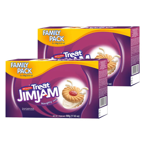 Britannia Treat Naughty Jim Jam Sandwich Biscuits 17.62oz (500g) - Breakfast & Tea Time Snacks - Delicious Grocery Cookies (Pack of 2)