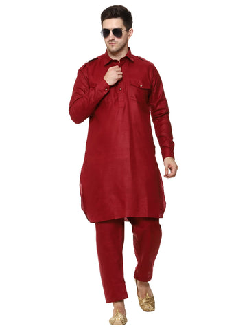 ITOS365 Men Pathani Cotton Kurta Pyjama (Salwar) Set Party Fashion Regular Ethinic Wear Indian Dress, Maroon, L-X-L