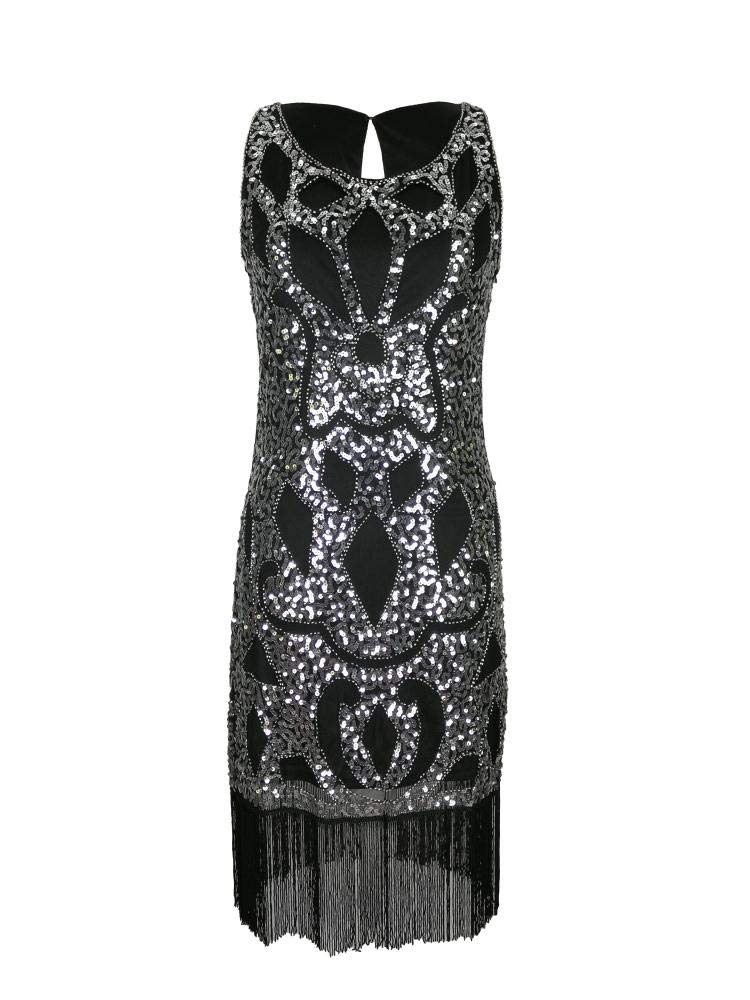 Grouptap Silver black 1920s flapper gatsby evening dance dress fancy women girls size 1920 sequin tassel vintage fashion clothes (Silver, UK 12)
