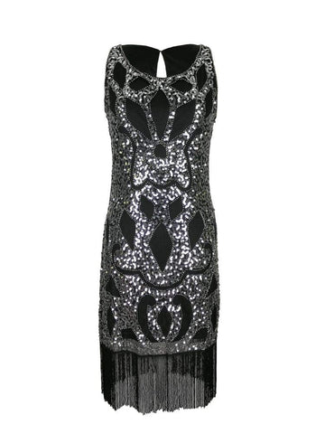Grouptap Silver black 1920s flapper gatsby evening dance dress fancy women girls size 1920 sequin tassel vintage fashion clothes (Silver, UK 12)