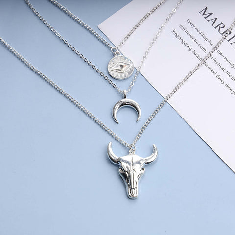 Yheakne Boho Layered Moon Necklace Silver Compass Disc Pendant Necklace Chain Cow Evil Eye Charm Necklace Jewelry for Women and Girls