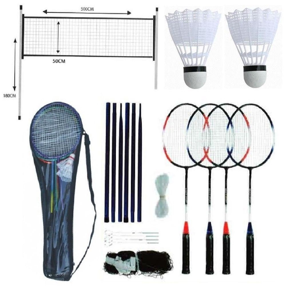 Unibos 4 Player Badminton Set With Racket Poles & Net Shuttlecock Outdoor Garden Family Game Sport With Carry Bag