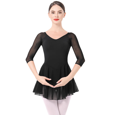 Ballet Clothing Women's Ballet Dance Dress 3/4 Sleeve Ballet Suit Gymnastics Dance Jersey with Chiffon Skirt Ballet Dress Ballerina Dance Wear, black, M