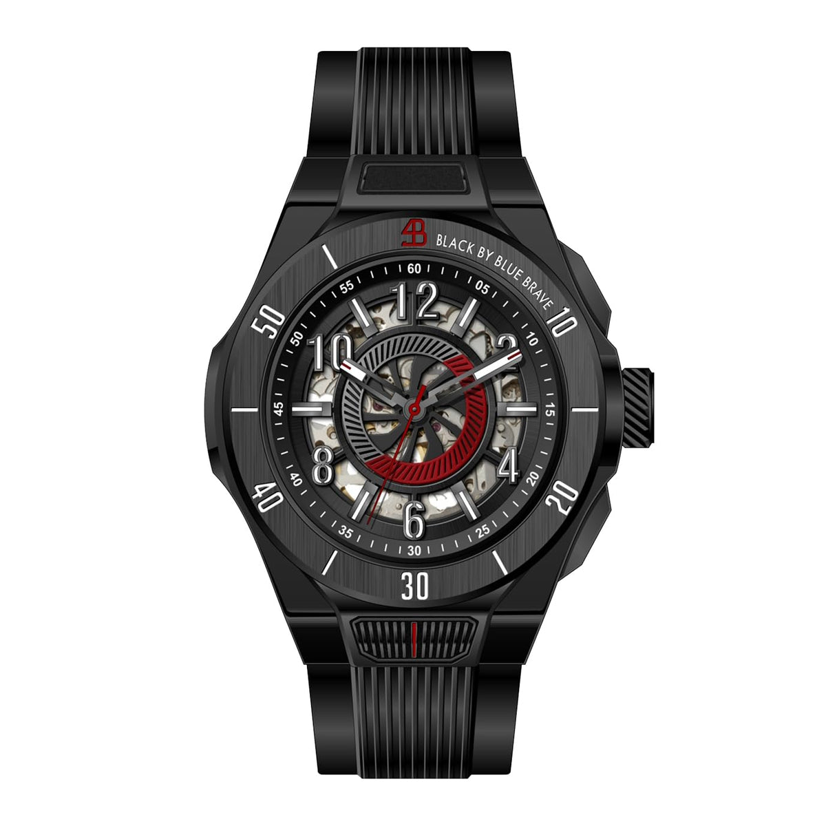 OBLVLO Fashion Mens Black PVD Rubber Strap Automatic Watch Skeleton Dial with Numerals Luminous Waterproof Watches Classic Wristwatch OBL-4B (OBL-4B-BBBR)