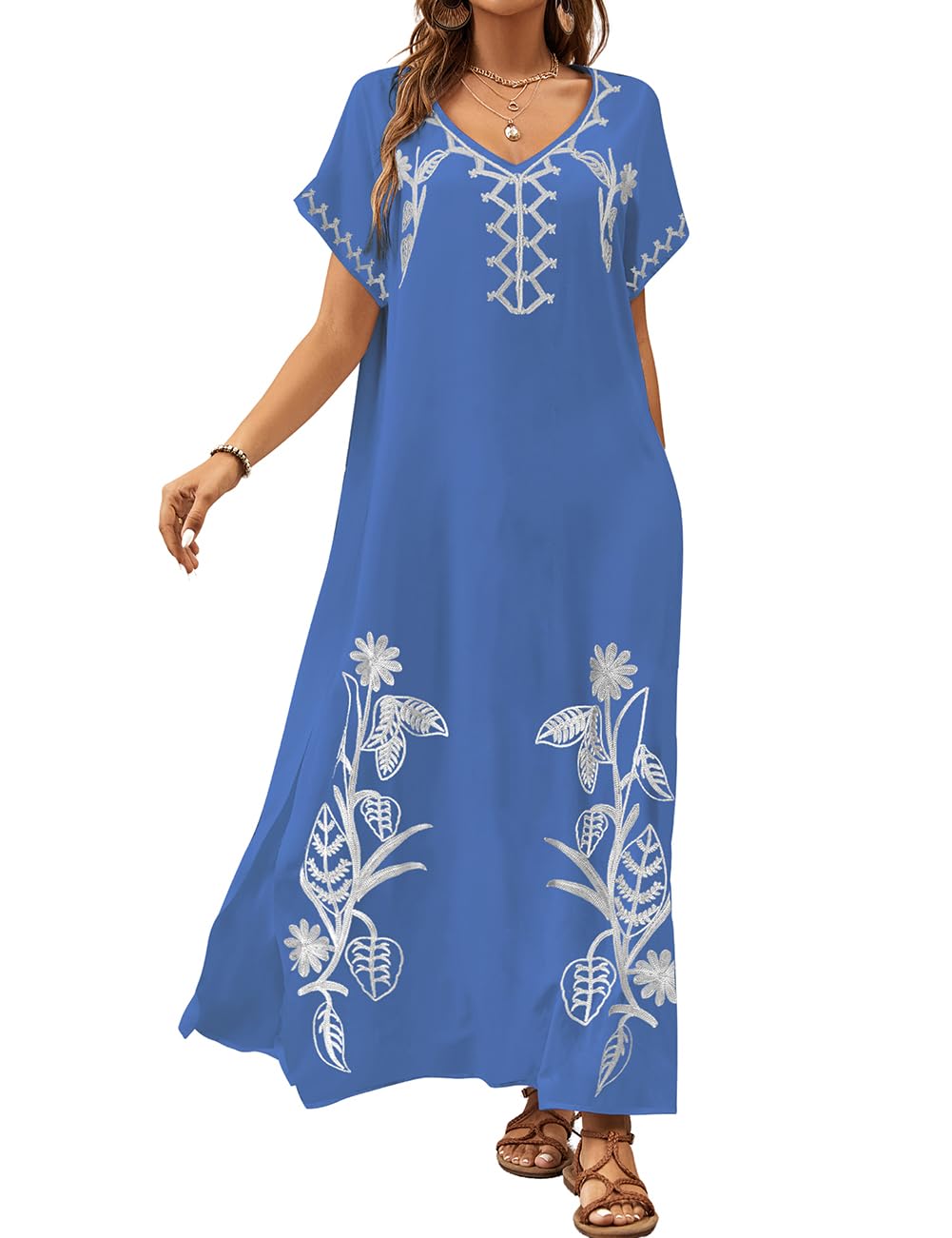 Bsubseach Kaftan Dresses for Women Swimsuit Coverup Beach Caftans Cover Ups for Swimwear Loungewear Floral Embroidery Blue
