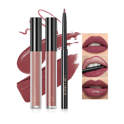 U-Shinein 3PCS Lipstick and Lip Liner Set, Matte Liquid Lipstick & Lip Liner Lip Gloss Set, Long Lasting Non-Stick Cup Lipstick, Moisturizing Lip Glaze Makeup Gift Set, Beauty Cosmetics for Women, 01
