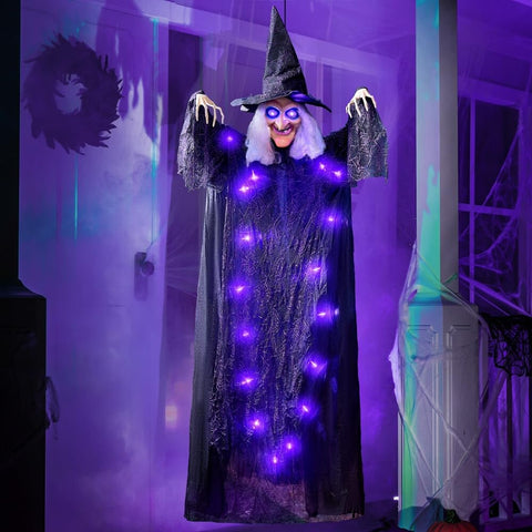 JOYIN 72â€ Hanging Witch Decor Halloween Decorations Indoor, Talking Halloween Witch on Broom Light Up Witch Decoration Purple Eyes Sound Activation Haunted House Party Supplies Prop DÃ©cor Modern