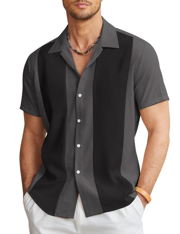 COOFANDY Men's Vintage Bowling Shirt Short Sleeve Button Down Summer Cuba Beach Shirts, Dark Gray Black, Large