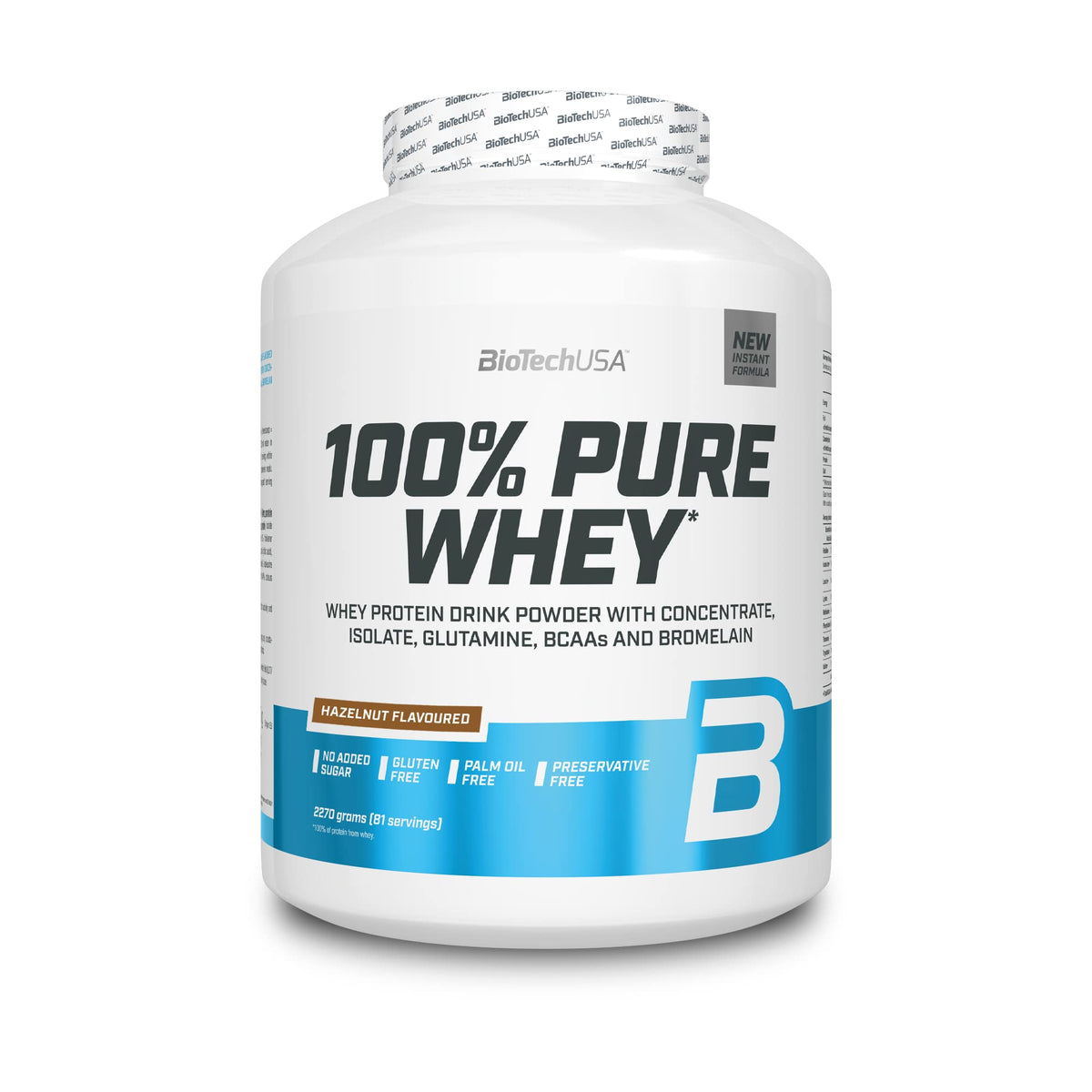 BioTechUSA 100% Pure Whey | Protein Powder with BCAA and Glutamine | Gluten-Free, Palm Oil Free | 21g Protein per Serving, 2.27 kg, Hazelnut