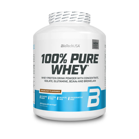 BioTechUSA 100% Pure Whey | Protein Powder with BCAA and Glutamine | Gluten-Free, Palm Oil Free | 21g Protein per Serving, 2.27 kg, Hazelnut