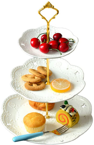 Eplze YBK Tech 3-Tier Porcelain Serving Stand, Cake Stand with Embossed Lace Pattern - (White, Gold rod)