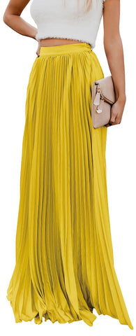 ebossy Women's High Waist Flowy Pleated Chiffon Maxi Skirt (Medium, Bright Yellow)