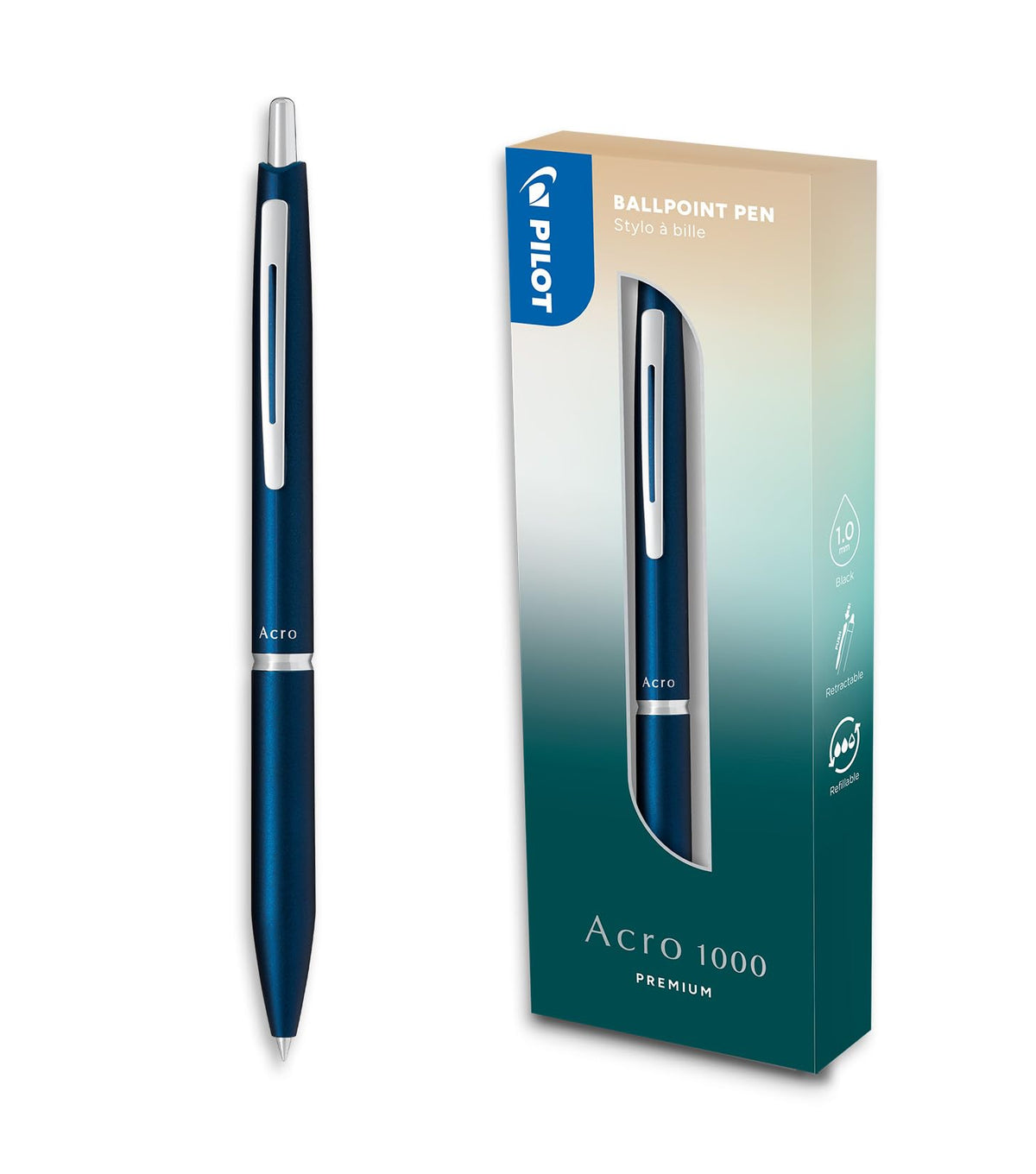 PILOT - Premium Acro 1000 Navy Blue ballpoint pen in gift box - Ultra soft ink for unparalleled writing smoothness - Refillable and retractable ballpoint pen - Black ink - Medium point