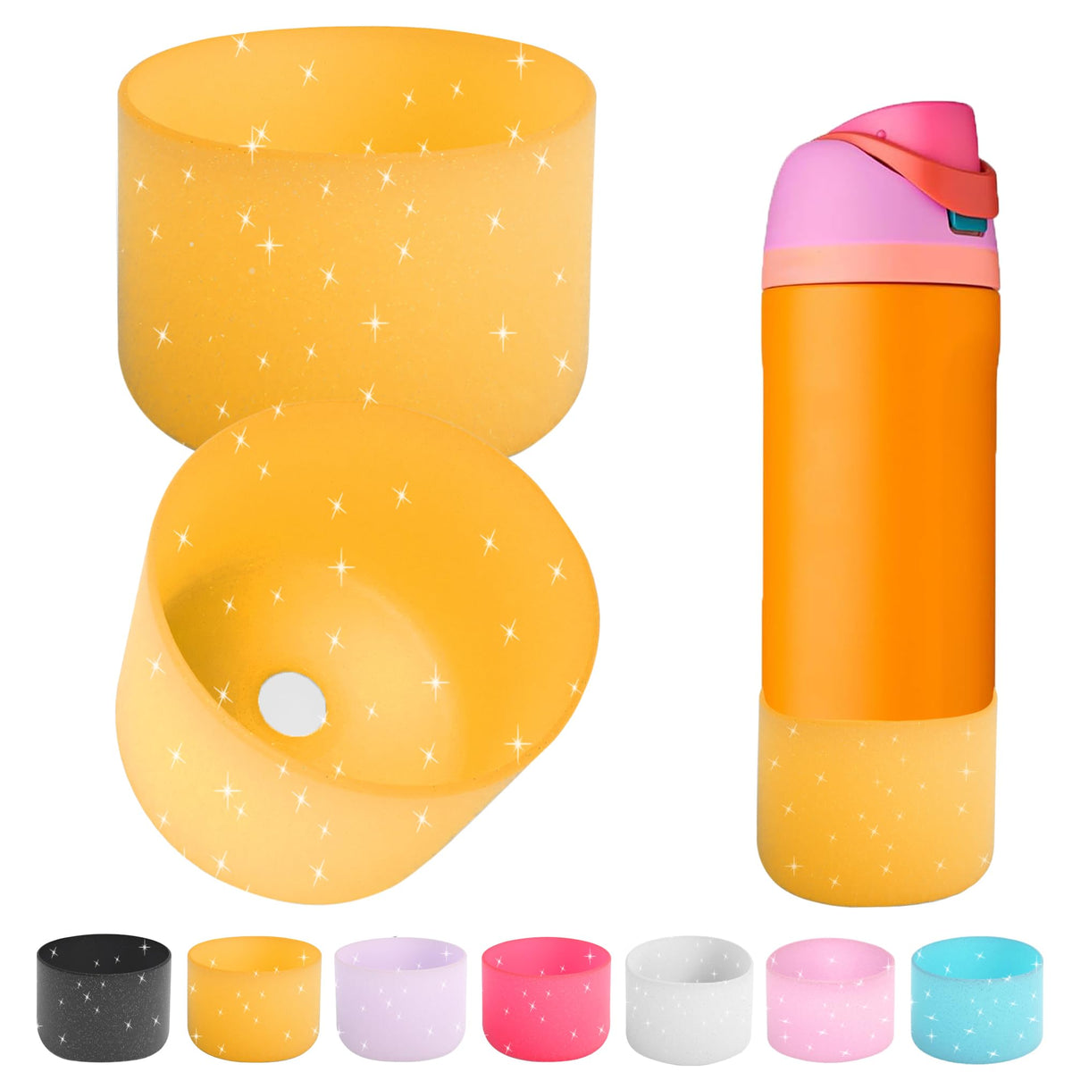 2PCS Silicone Water Bottle Boot for Owala 24oz 32oz 40oz,Anti-Slip Protective Sleeve Bottom Bumper Protector for FreeSip, Twist, and Flip Stainless Steel Water Bottles (Clear Glitter Yellow, 32oz)