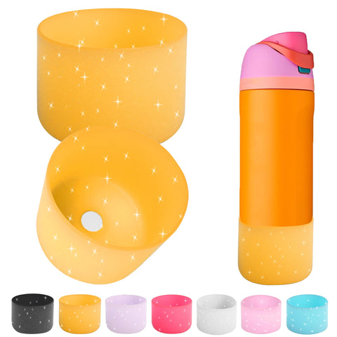 2PCS Silicone Water Bottle Boot for Owala 24oz 32oz 40oz,Anti-Slip Protective Sleeve Bottom Bumper Protector for FreeSip, Twist, and Flip Stainless Steel Water Bottles (Clear Glitter Yellow, 32oz)