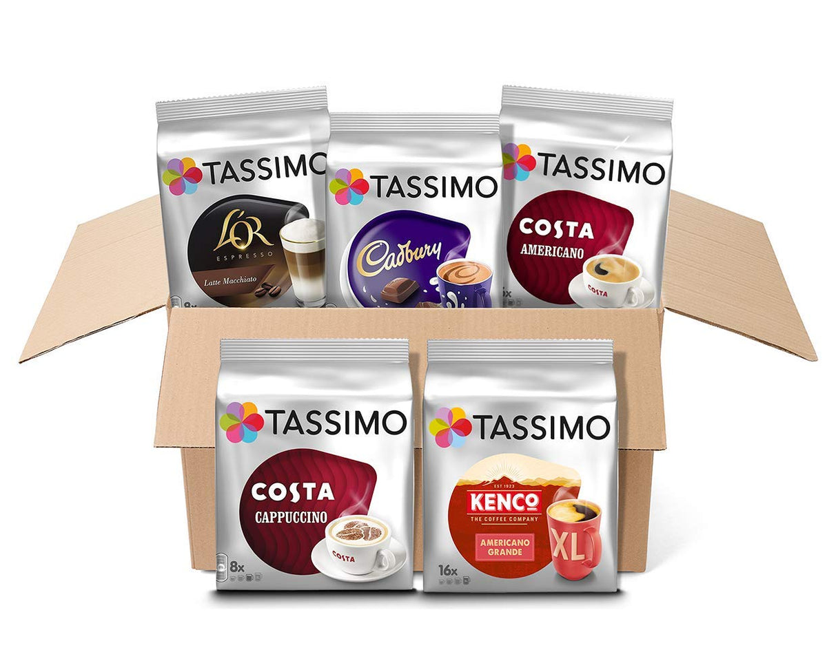 Tassimo Variety Box Costa, Kenco, Cadbury & L'OR Coffee Pods (Pack of 5, Total 56 Coffee Capsules)
