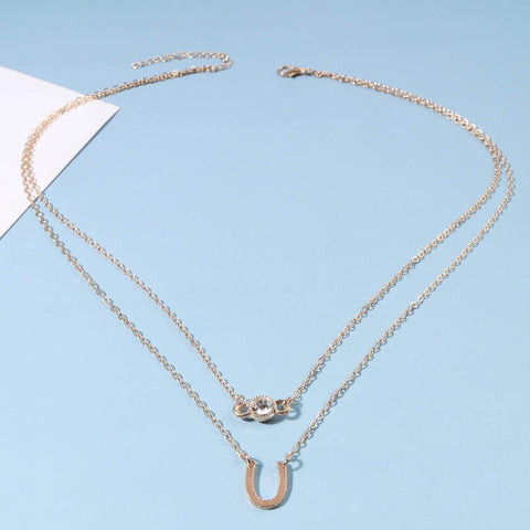 Yheakne Layered Lucky Horseshoe Necklace Gold Rhinestone Pendant Necklace Choker Luxury Solitaire Crystal Necklace Vintage U Shape Necklace Jewelry for Women and Girls Gifts