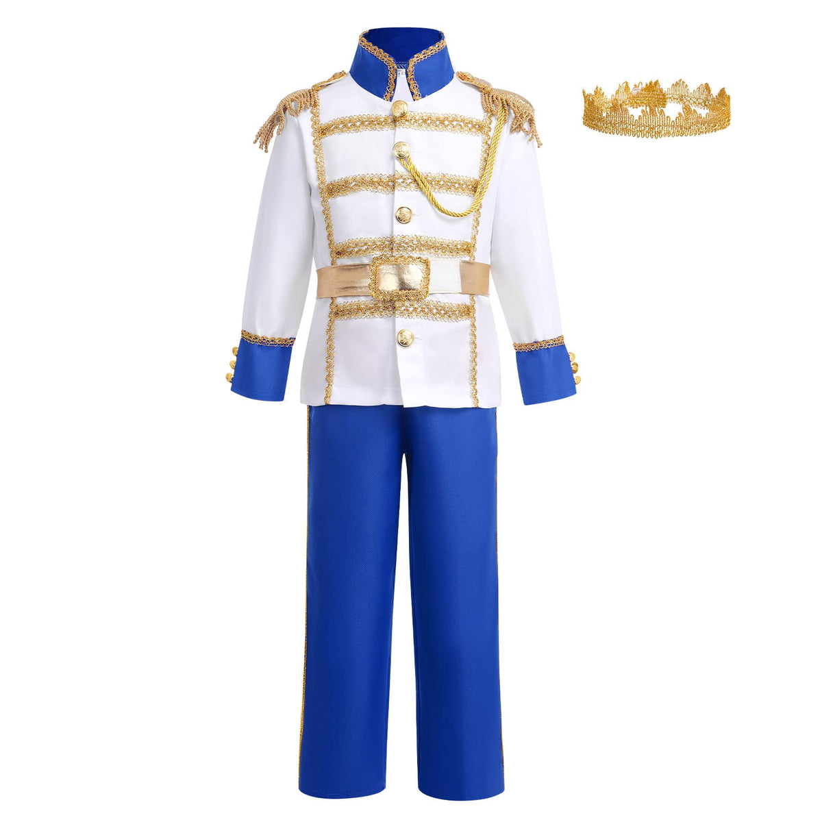 Prince Charming Costume Boys Kids Medieval Royal Prince Outfit Prince King Cosplay Fancy Dress Up for Toddler Kid Halloween Christmas Birthday Party with King Crown Belt Royal Blue 4PCS 5-7 Years