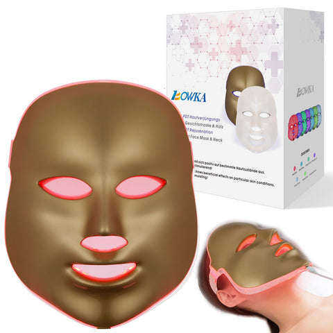 BOWKA LED Photon Therapy Mask 7 in 1 Light Mask Beauty Light Therapy Skin Rejuvenation Face Mask PDT Machine for Anti-Aging Anti-Wrinkle Pickle Skin Care (Gold)
