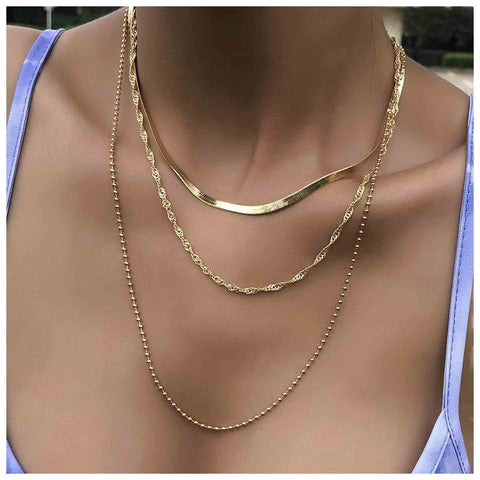 Yheakne Punk Layered Chain Necklace Gold Flat Snake Chain Necklace Choker Vintage Herringbone Necklace Stacking Chunky Necklace Chain Jewelry for Women and Girls Gift