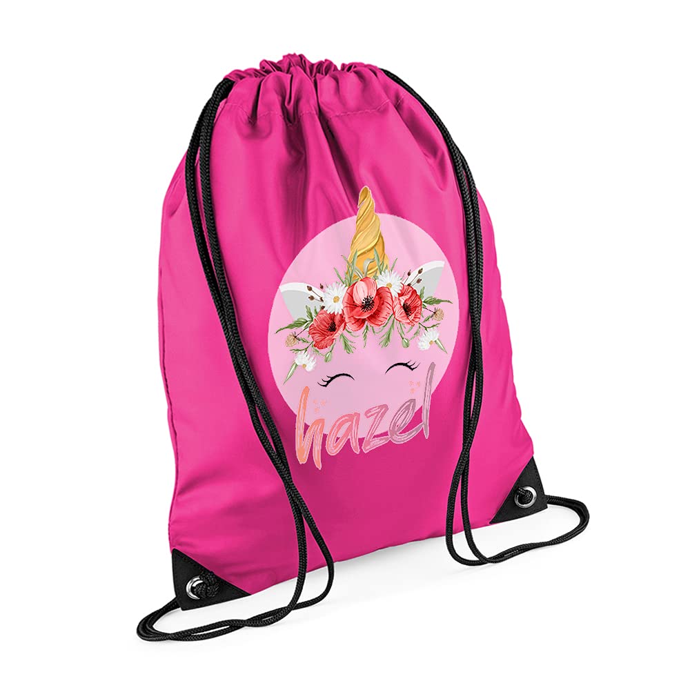 Personalised Unicorn Magicaly Stars Crown Castle Floral Girl ANY NAME Kids Birthda Back To School Drawstring Bag, PE Gym Kit, Swimming Rucksack. (Fuchsia)
