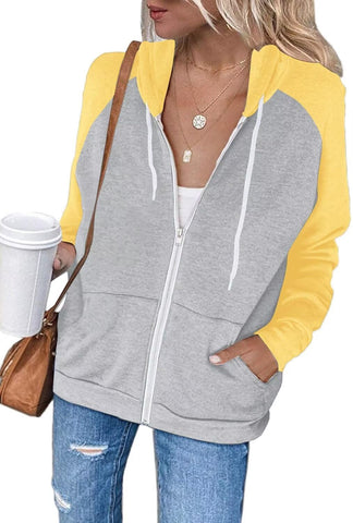 LACOZY Women's Drawstring Zip Up Sweatshirts Hoodies Color Block Hooded Jackets Casual Long Sleeve Tops Yellow M