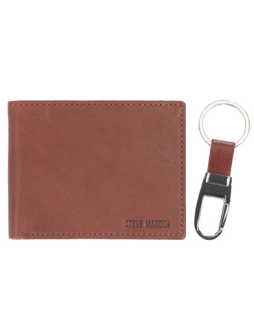 Steve Madden Men's RFID Leather Wallet Gift Set With Key Fob Billfold, Brown 2, One Size US