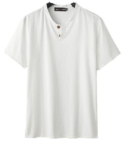 Men's Loose Cotton Linen Vneck Short Seeves T Retro Chinese Style Split Stand Collar 2 Buttons Oversized Casual Tshirt White XL