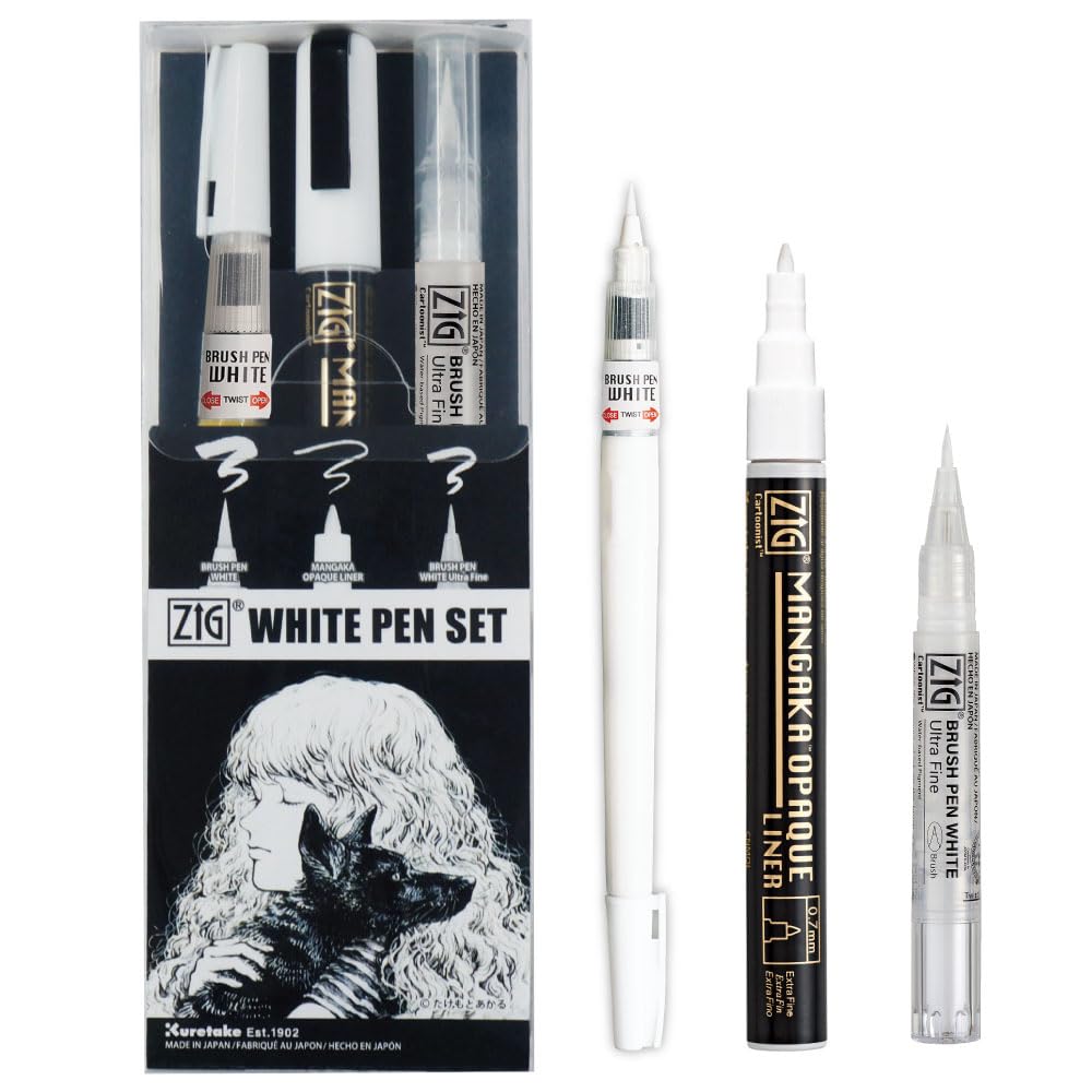 Kuretake Zig INKTOBER Special set, WHITE PEN 3 pcs SET, for Manga Drawing, Lettering and Calligraphy
