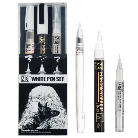 Kuretake Zig INKTOBER Special set, WHITE PEN 3 pcs SET, for Manga Drawing, Lettering and Calligraphy