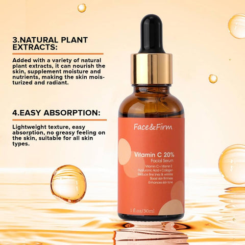 Face&Firm 20% Vitamin C Face Serum With Vitamin E, Ferulic Acid And Hyaluronic Acid-Anti-Aging, Maximum Potency And Boost Skin Collagen Face Serum 1fl.oz/30ml
