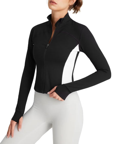 QUEENIEKE Women's Cropped Running Jackets - Zip Up Lightweight Athletic Yoga Gym Tops BBL Jacket with Thumb Holes (Black White Colours, X-Small)