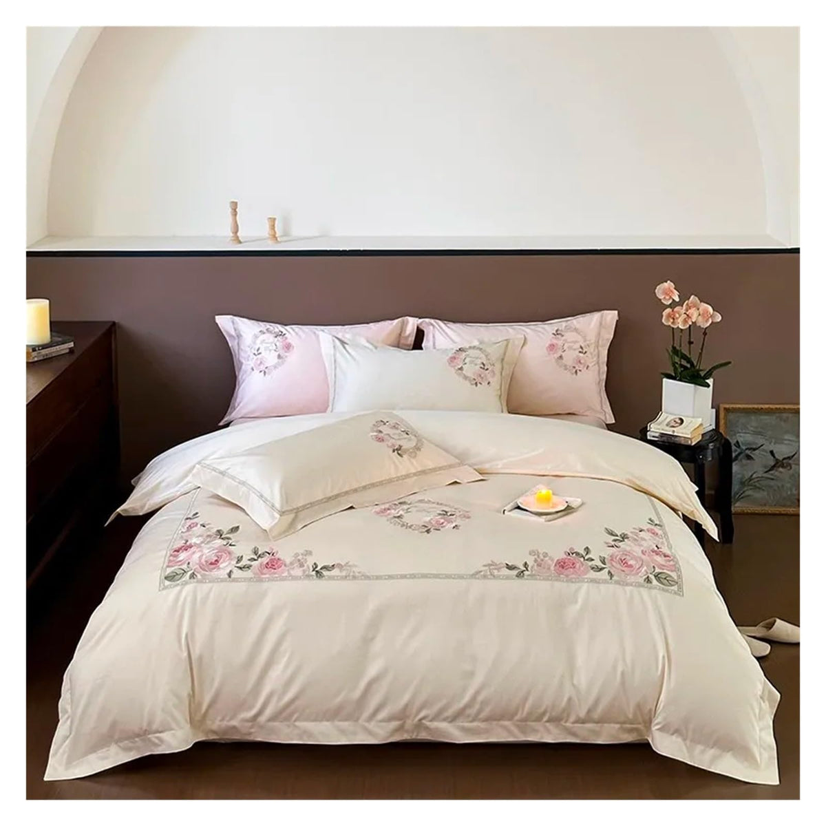 TEmkin 1000TC Premium Cotton Embroidery Flowers Bedding set White Pink Comforter Cover Bed Sheet 2 Pillow shams Queen King size, Luxury Bed in a Bag (A FITTED BED SHEET_KING 4PCS)
